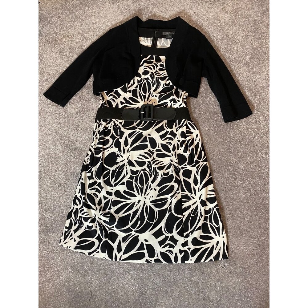 Jessica Howard Sleeveless Dress w/ Bolero Jacket Black/White Floral 12 Petite